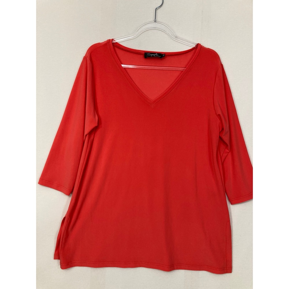 Sympli V-Neck Top size 12 Coral Red 3/4 Sleeve Side Slit Jersey Knit Preppy